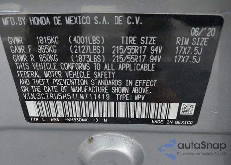 2020 Honda Hr-V 2Wd Ex z USA, uszkodzony, nr VIN 3CZRU5H51LM711419